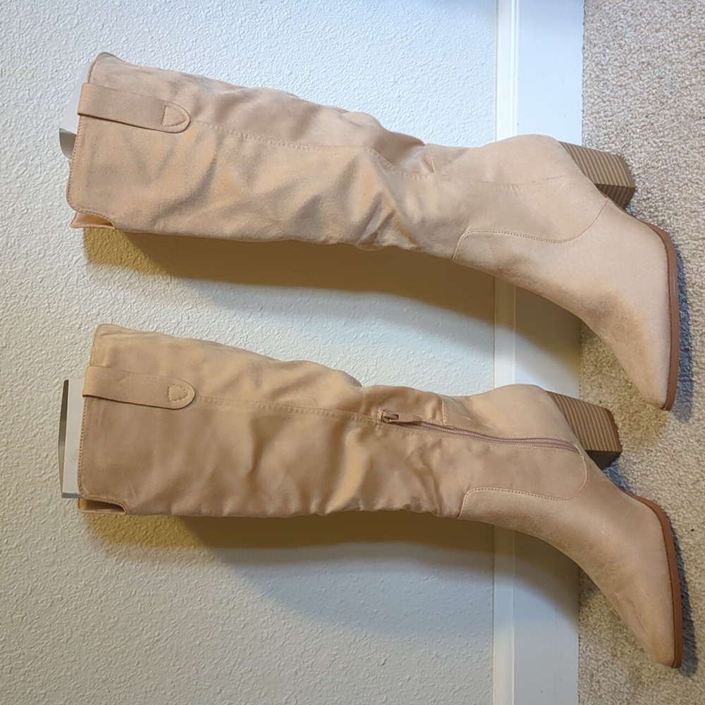 Coutgo Nude Faux Suede Knee High Boots Block Heel Pointed Toe - Picture 2 of 12